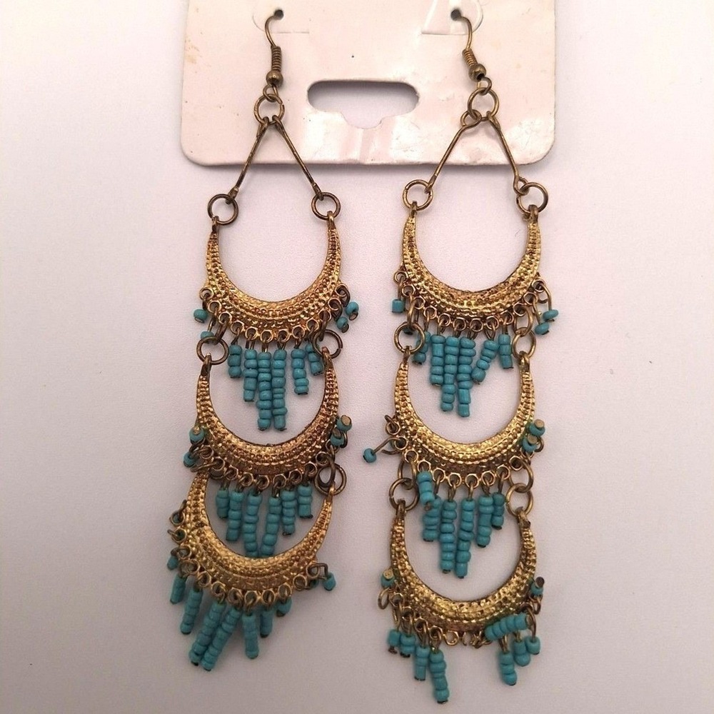 Vintage chandelier earrings turquoise seed beads articulation STATEMENT